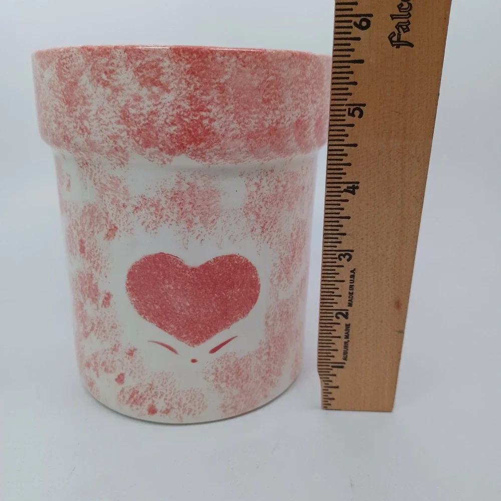 Pink Spongeware Heart Ceramic Planter Utensil Holder White Handmade 5.25in